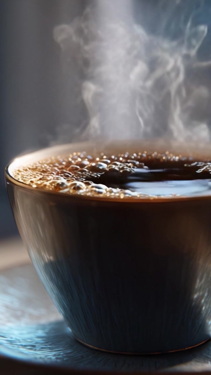 En varm kop kaffe: Mørk kaffedamp stiger op fra et smukt keramikkrus, fanget med kunstnerisk belysning og glatte teksturer på en træoverflade.