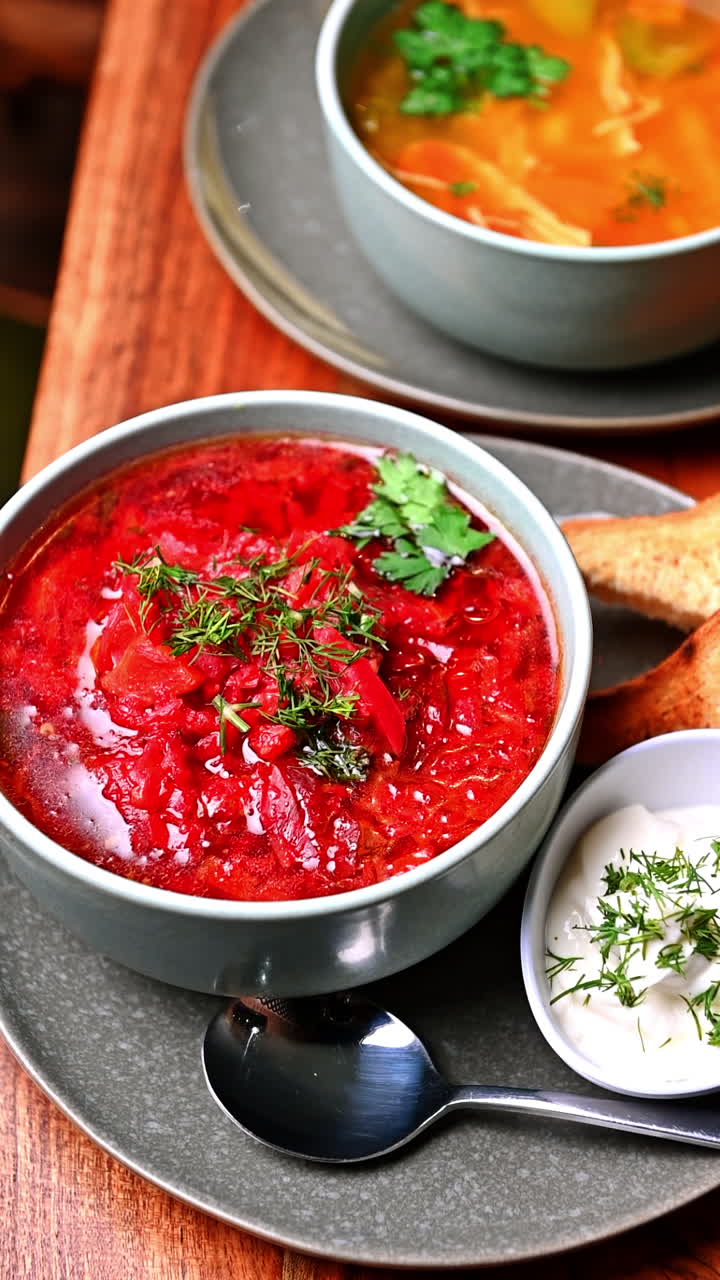 Borscht soup with bread and sour cream on gray plate. Traditional Ukrainian red beet soup borscht served with sour cream and bread on wooden table