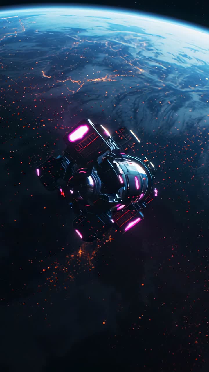Vertical video: Exhaust pulsing making probe rotating and tilting over night Earth, pink-cyan neon