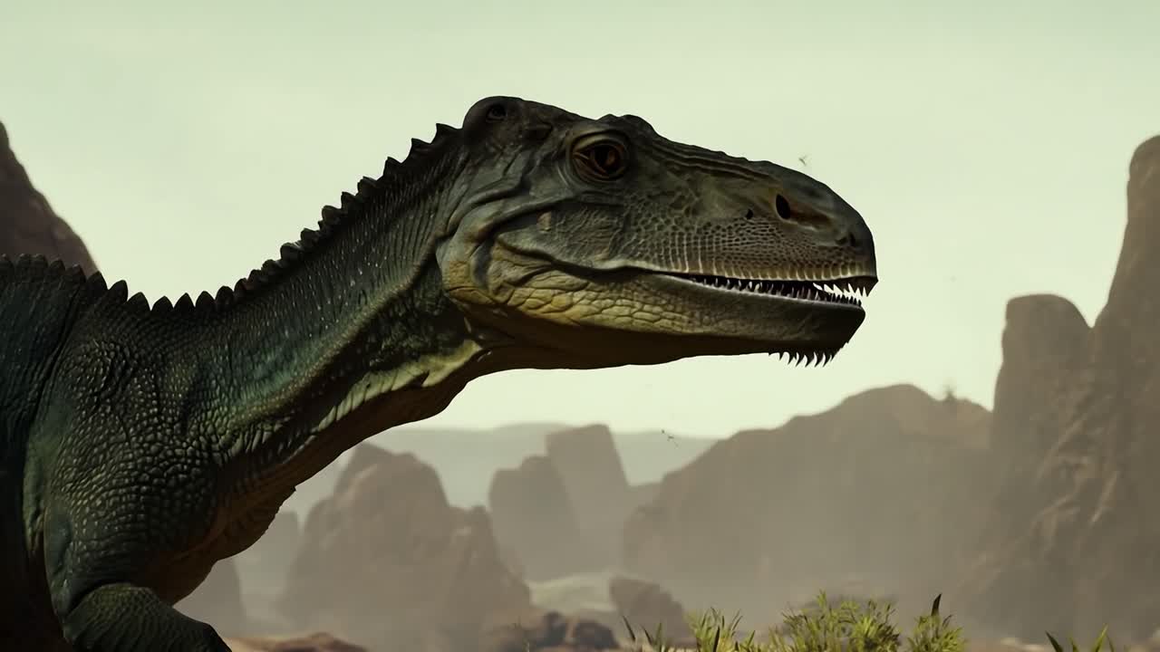 primer plano de un dinosaurio verde en un paisaje rocoso