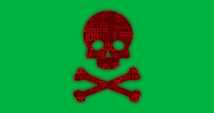 Animation of binary coding and virus data processing over skull and bones