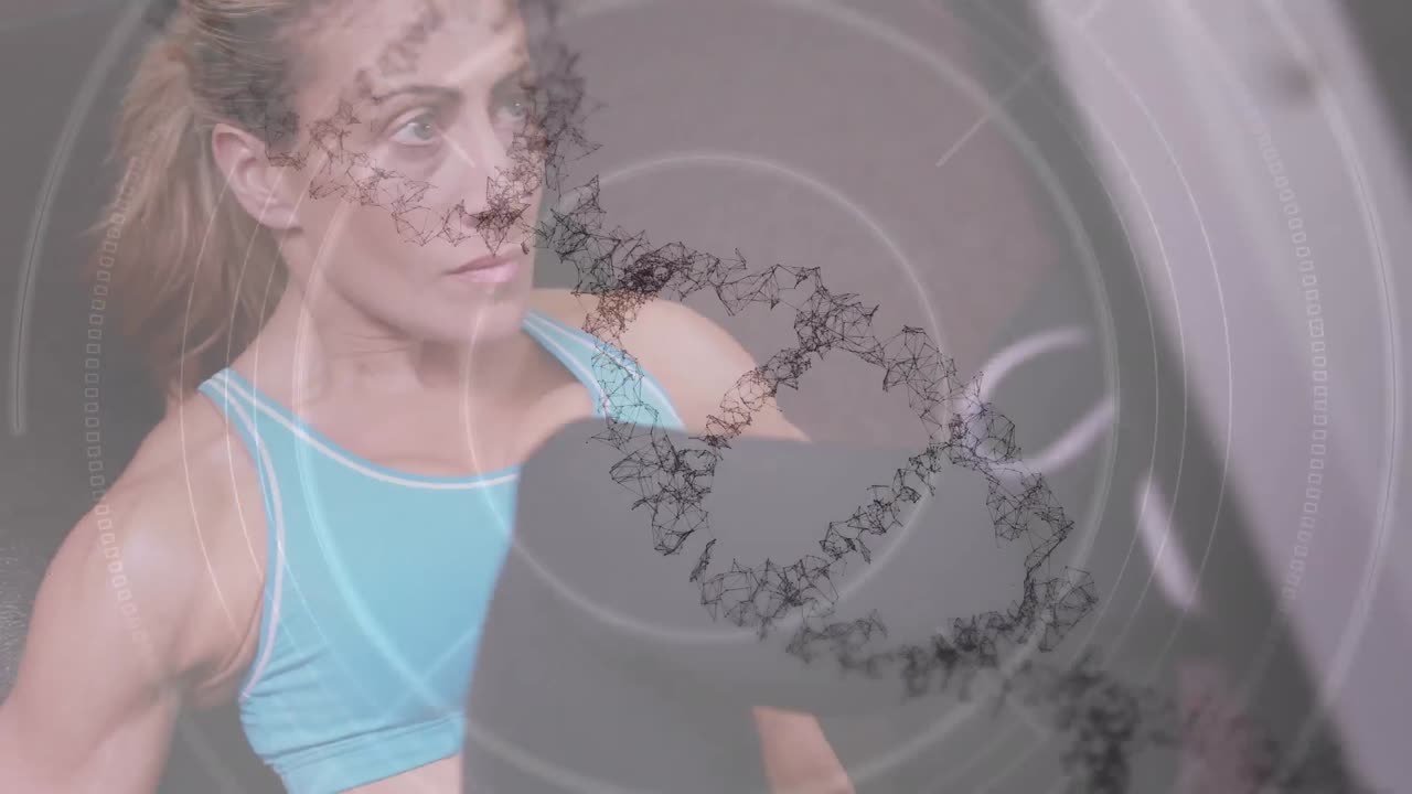 dna 가닥이 회전하고  ⁇ 은 여성이 무게로 운동하는 원의 애니메이션