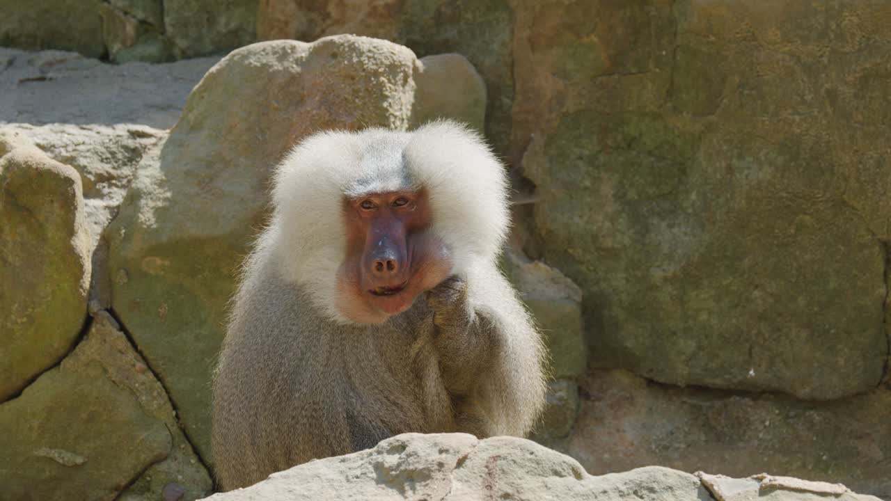 A hamadryas baboon sits among sunlit rocks, yawning and resting. The camera remains steady, capturing natural behavior in a desert-like environment