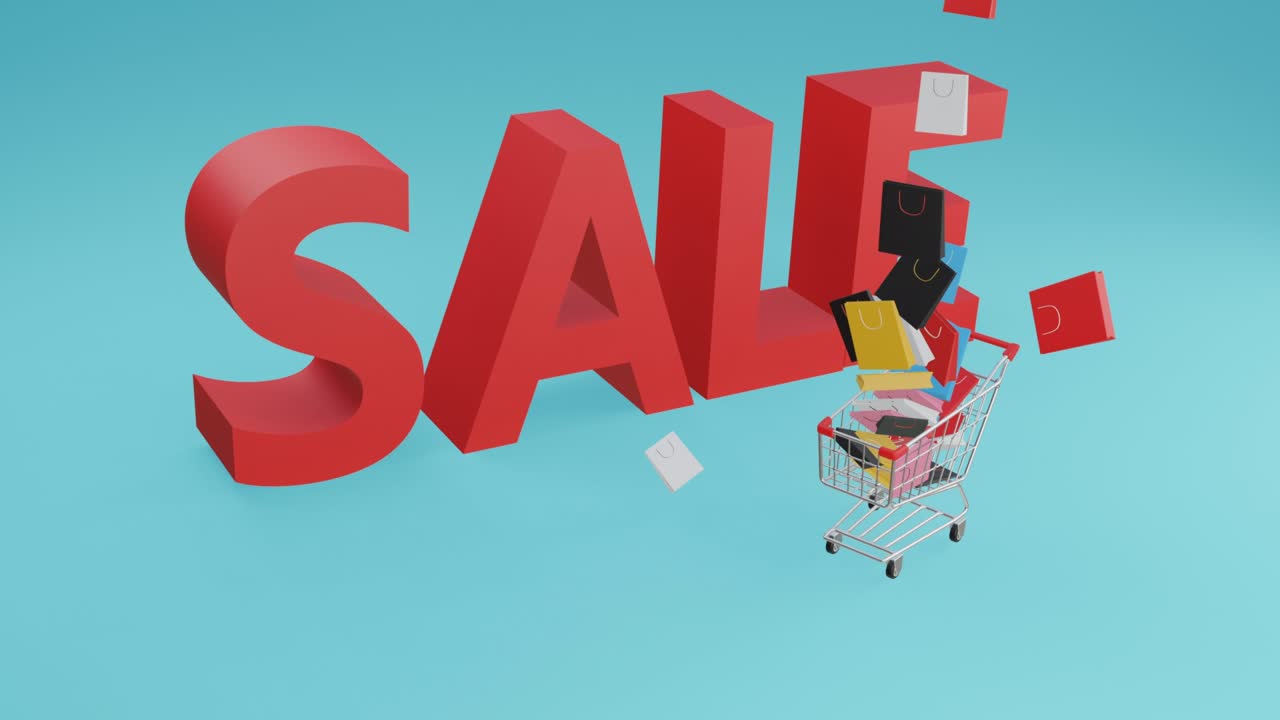 A realistic 3d animation video showing a shopping cart sliding into the scene with a large drop of products stack in concept, sale and discount marketing promotion.