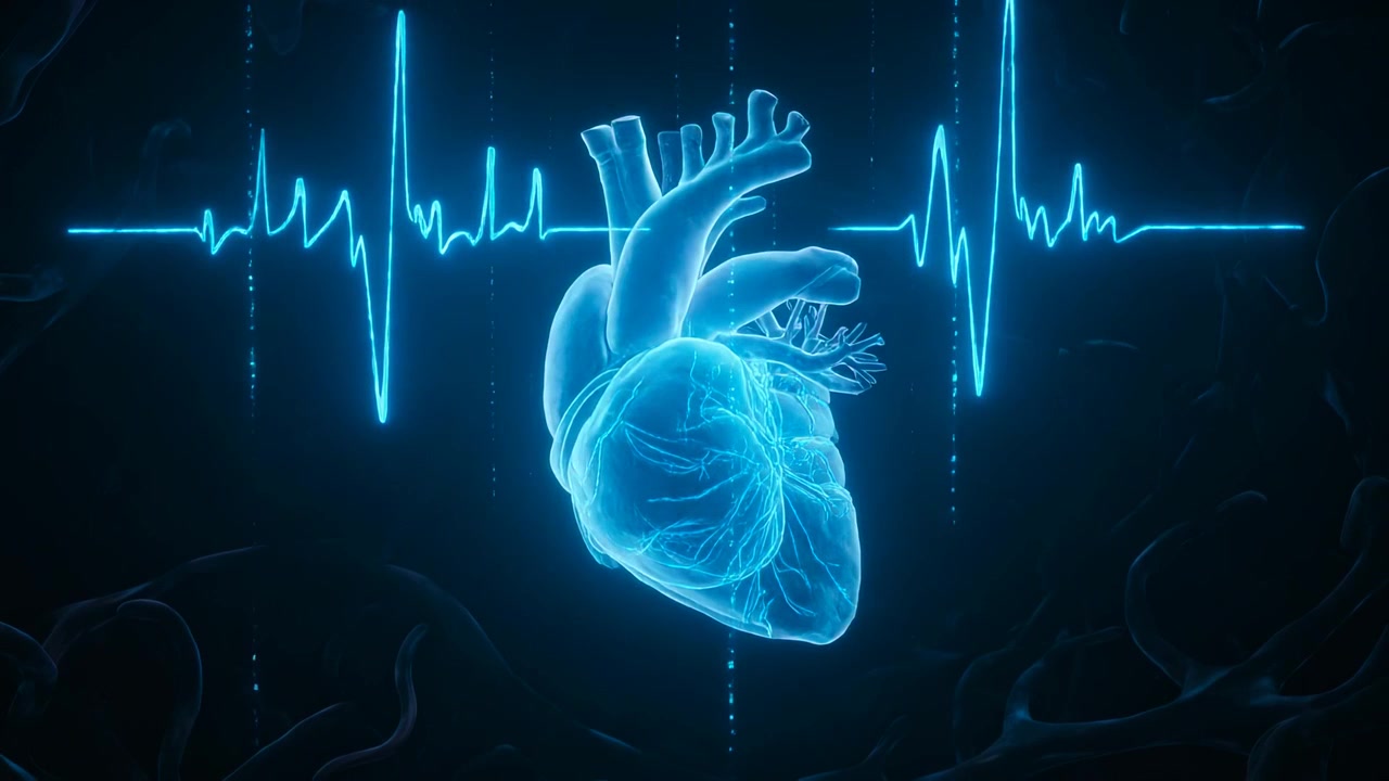 Modello 3D di cuore che cambia colore in reazione all'aspetto dell'ECG, che pulsa su un display medico per mappare l'ECG.