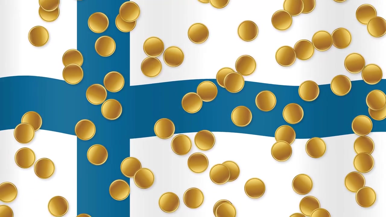 Monete d'oro cadono continuamente su una bandiera nazionale finlandese sventolante con movimento realistico del tessuto