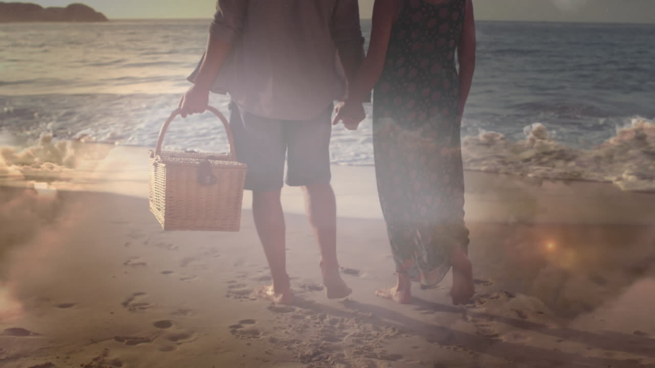 animación de luz brillante sobre una feliz pareja de mayores con una canasta de picnic a la orilla del mar