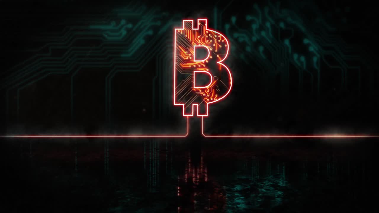 animación de un letrero de bitcoin naranja brillante sobre el enchufe del procesador azul