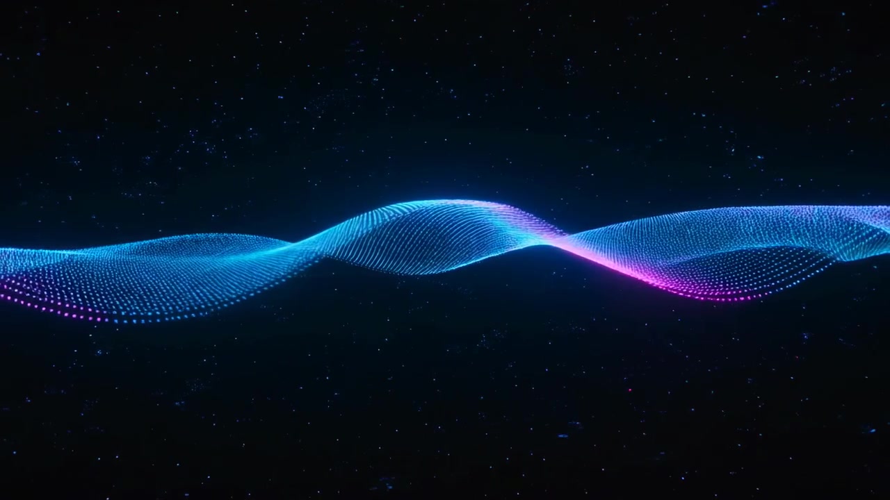 Sweeping glowing ribbon oscillating across dark starfield as frames starting showing cyan pink dots