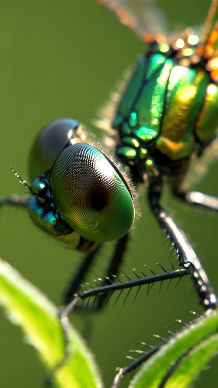 Macro Close-up of an Iridescent Dragonfly's Head