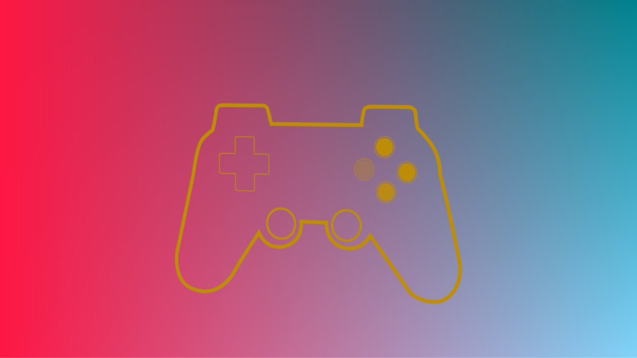 animación de una consola de juegos brillante sobre un fondo azul a rosa