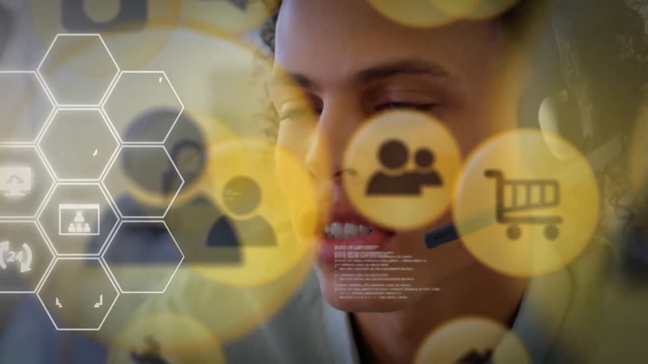 집 에서 전화 헤드 ⁇  을 사용하는 사람 위 를 날아다니는 노란색 아이콘 의 애니메이션