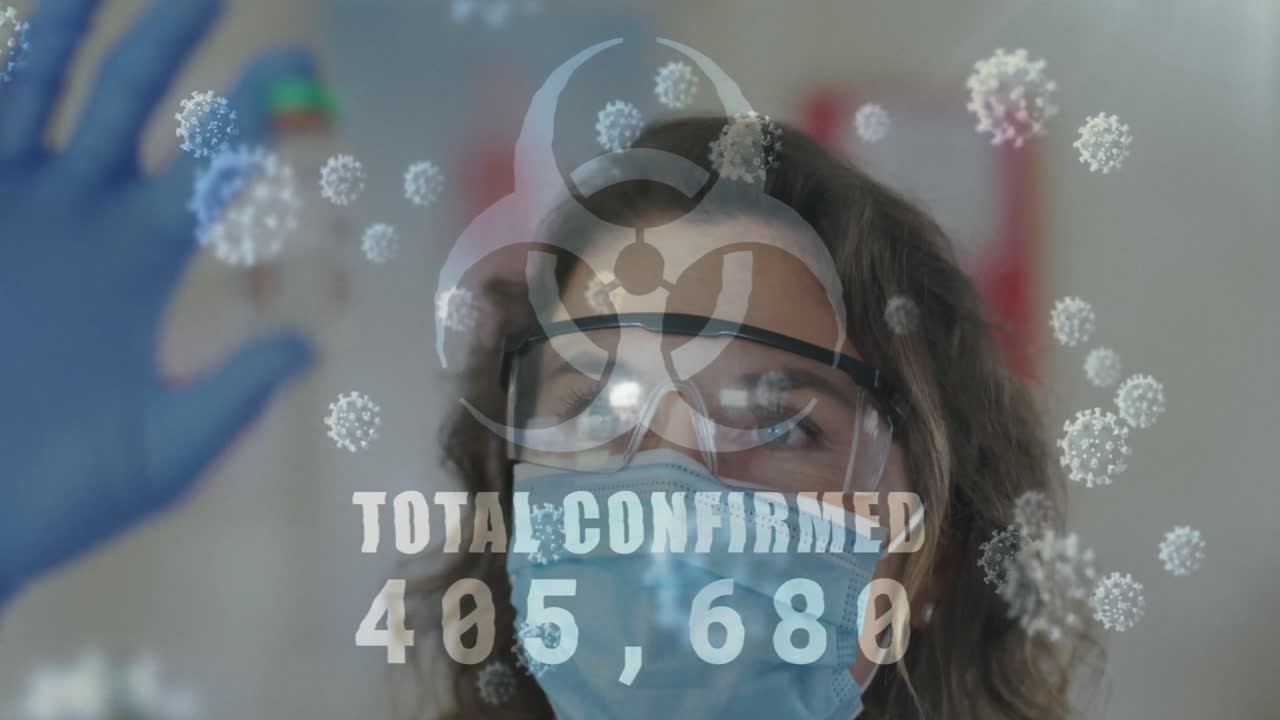 анимация знака биологической опасности общее количество клеток covid-19 подтверждено повышается с женщиной в маске в лаборатории