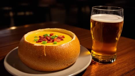 Bowl of creamy soup served in a bread bowl topped with green onions and bacon bits, accompanied by a glass of golden beer on a wooden table, creating a cozy dining atmosphere