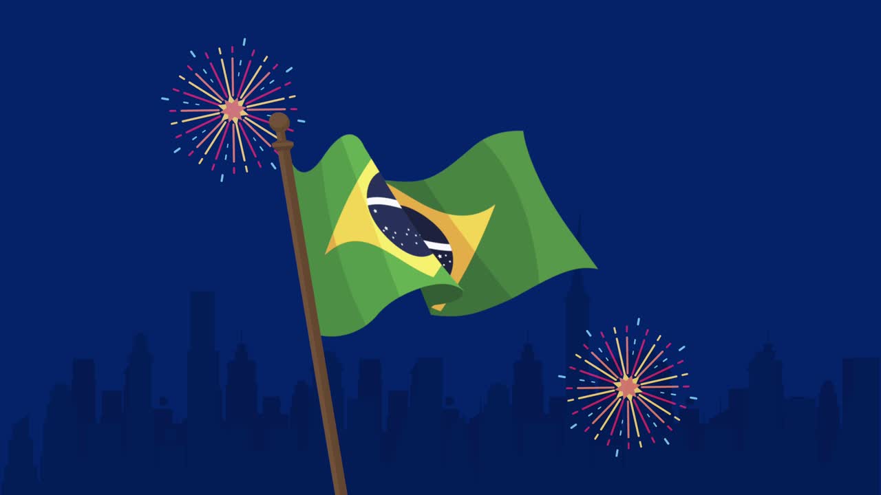 브라질의 독립기념일 애니메이션으로 발이 도시 위에 흔들리고 있습니다.