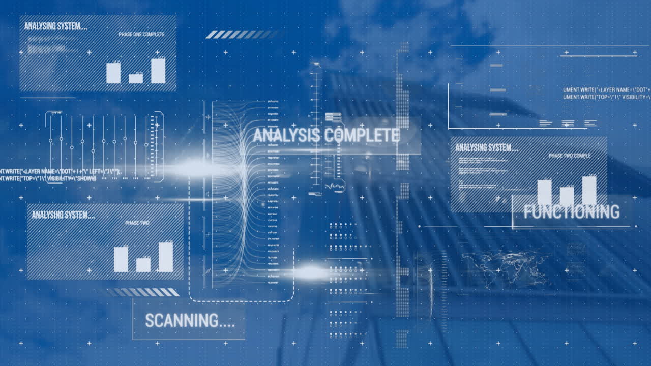 Animation of statistics and financial data processing over modern building