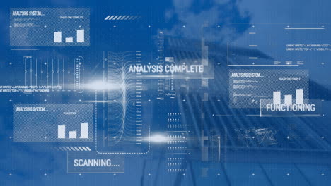 animation of statistics and financial data processing over modern building