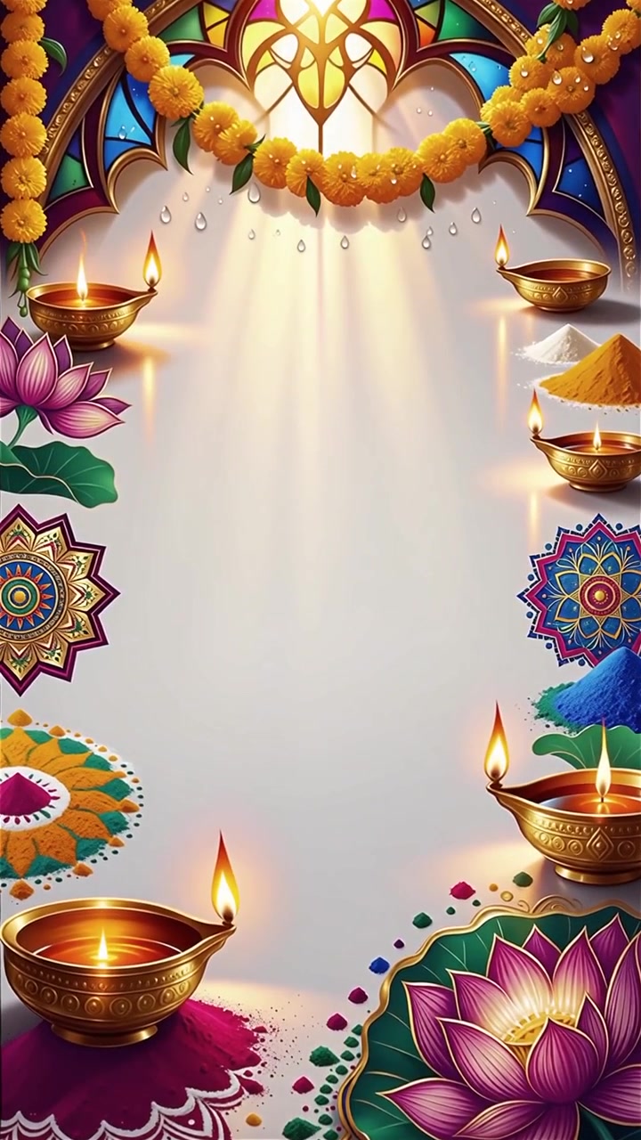 Sfondo Diwali con Diyas luminosi, Rangoli e fiori di loto