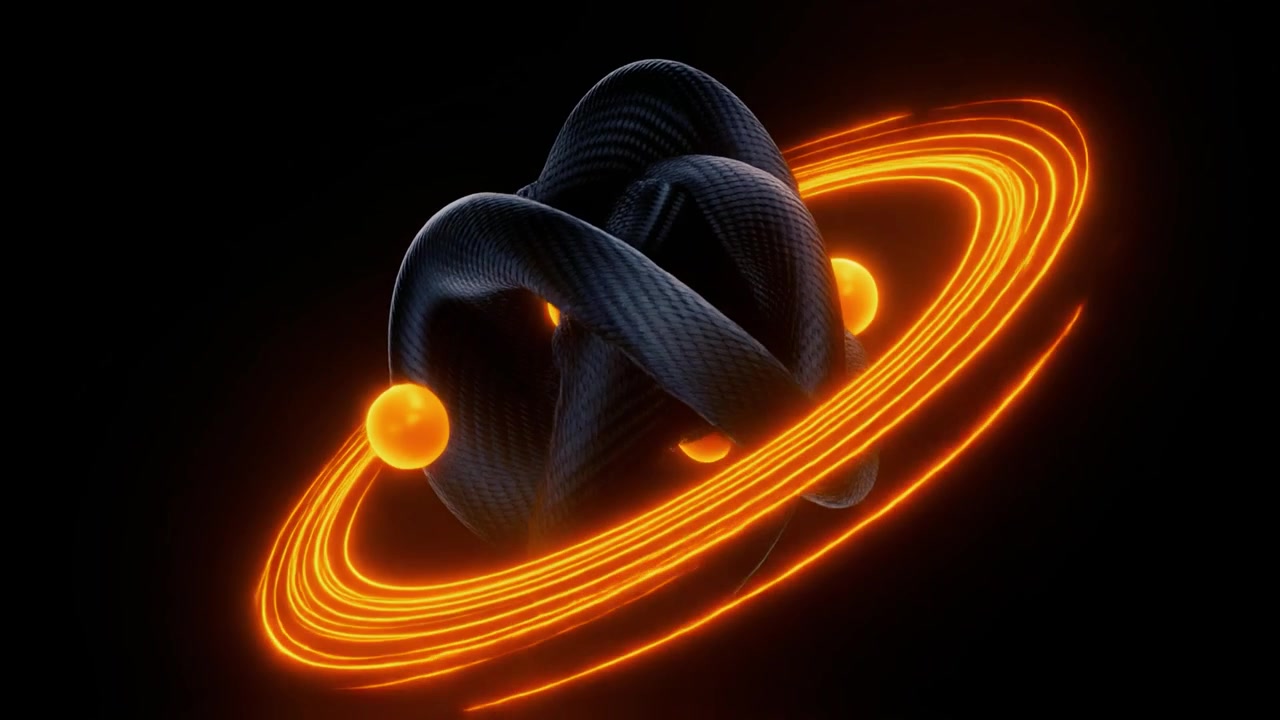 Abstract 3D Animation of Carbon Fiber Knot with Glowing Orange Orbs