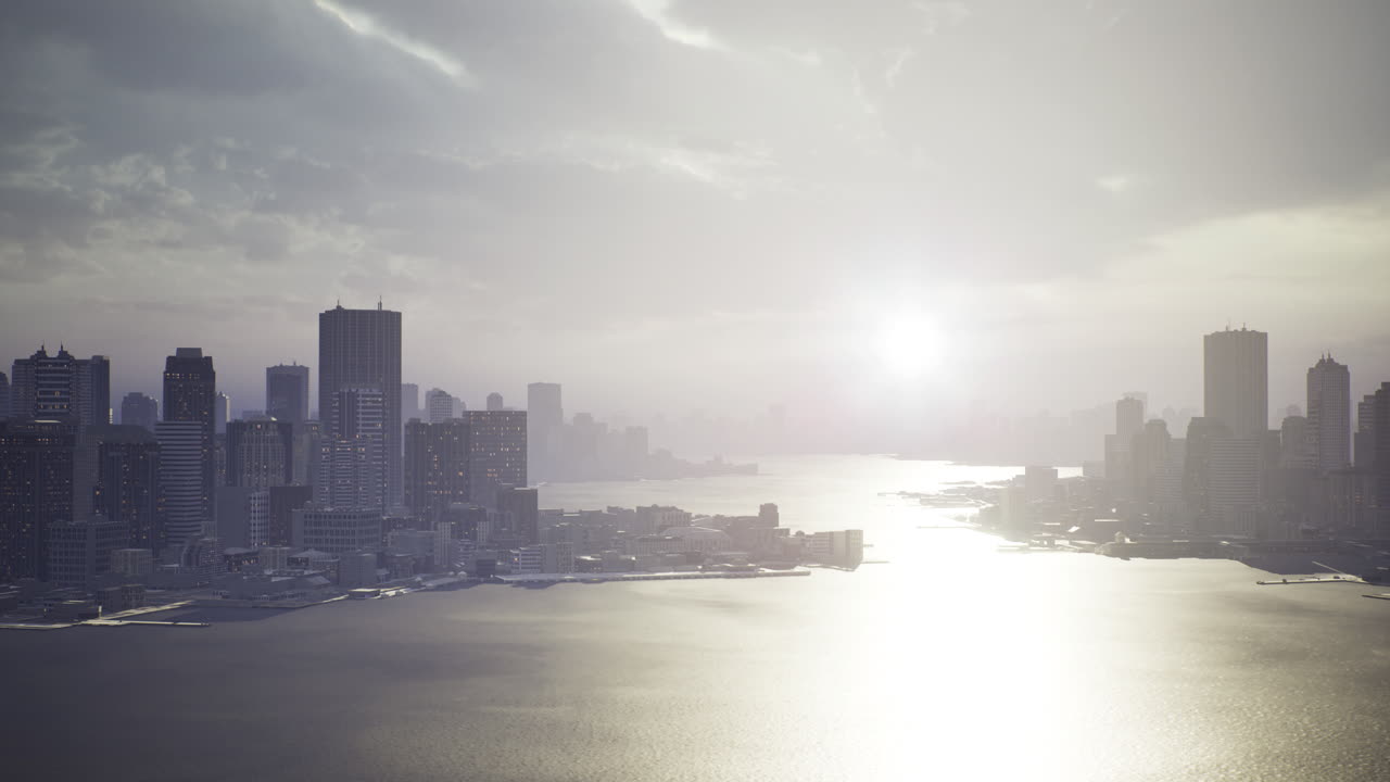 Serene skyline at sunset over a bustling harbor cityscape in twilight
