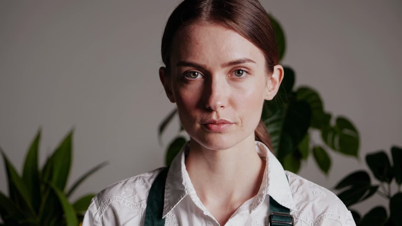 Experienced florist in white shirt and apron standing confidently in plant filled studio, presenting professional botanist demeanor against neutral gray background