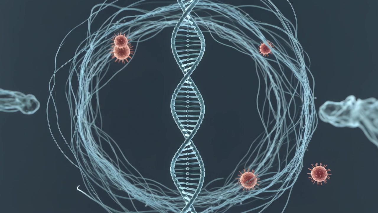 Starting simulation, DNA helix twisting in molecular view, with filament ring, red spheres, protein
