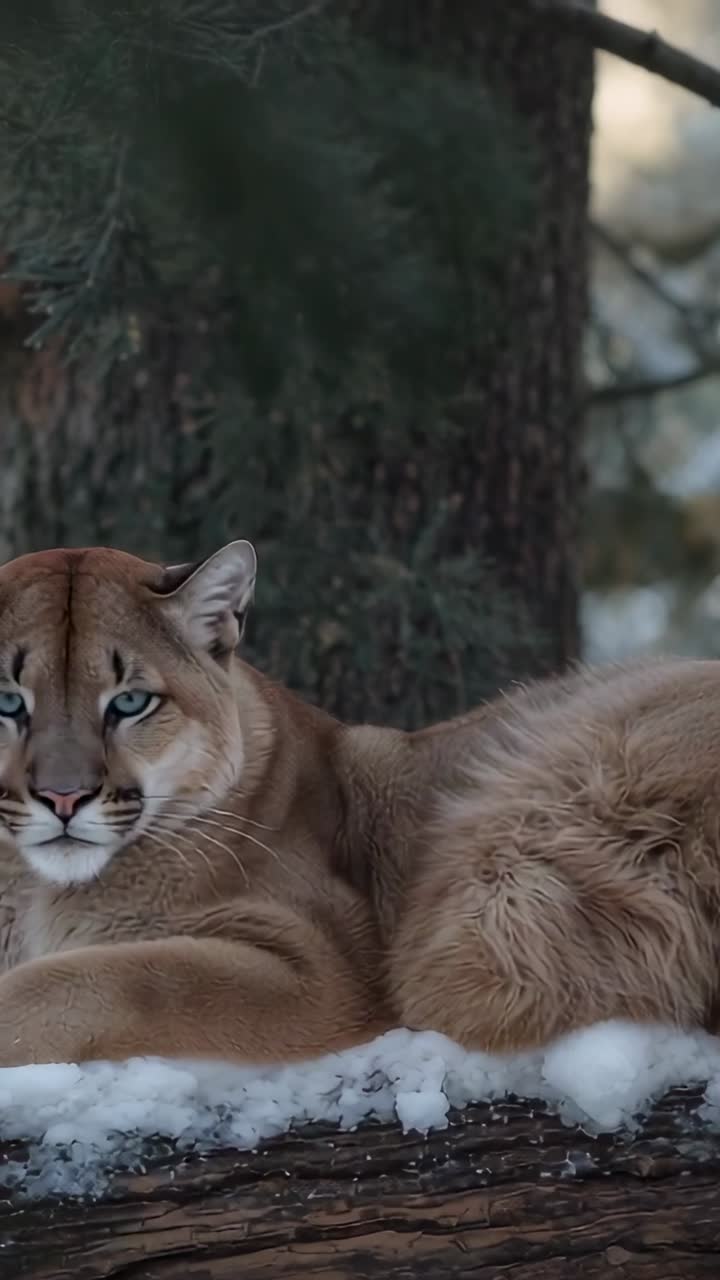 Vídeo vertical: Puma moviendo la cabeza y notando la cámara, enfocando la mirada en un tronco nevado, troncos de coníferas