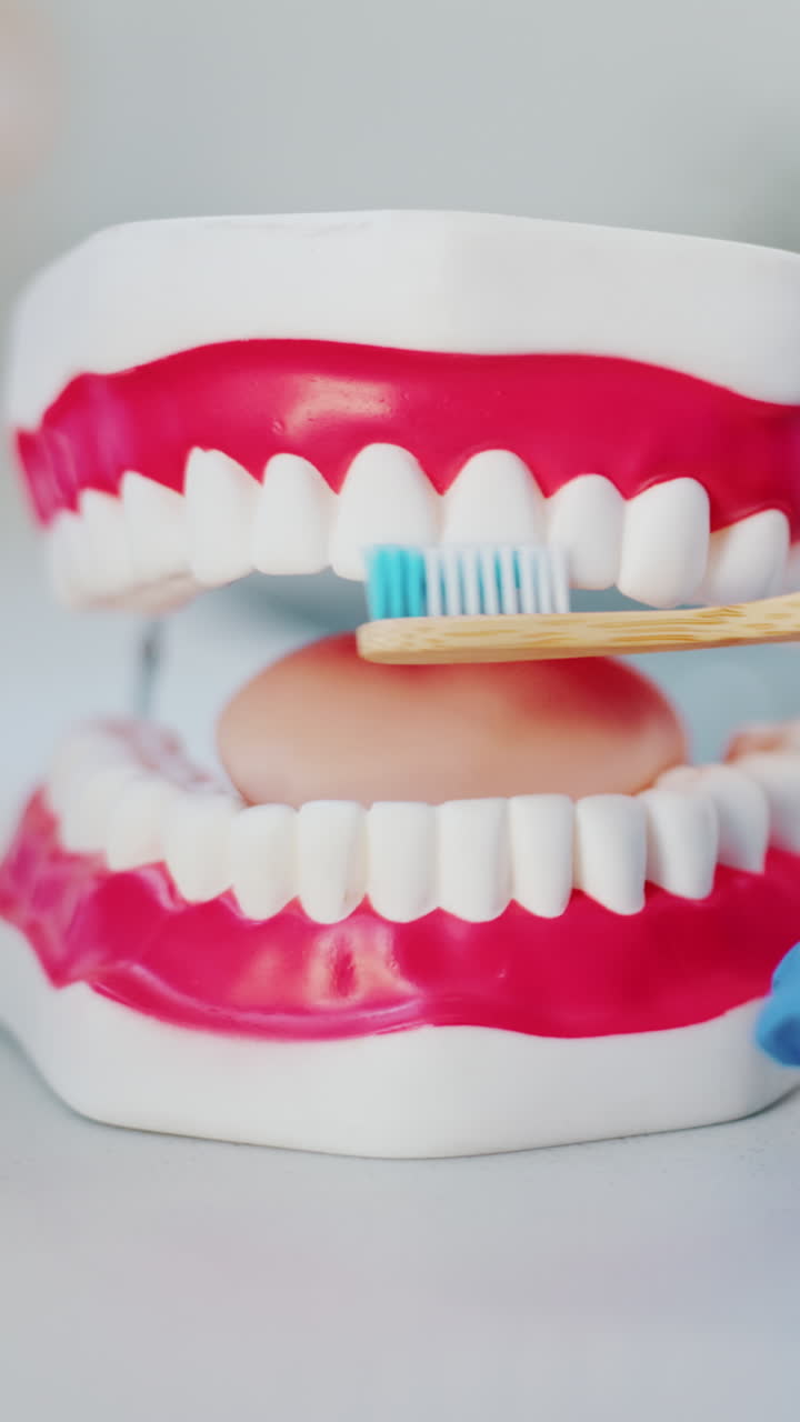 Demonstrating Tooth Brushing on a Dental Model with a Bamboo Toothbrush