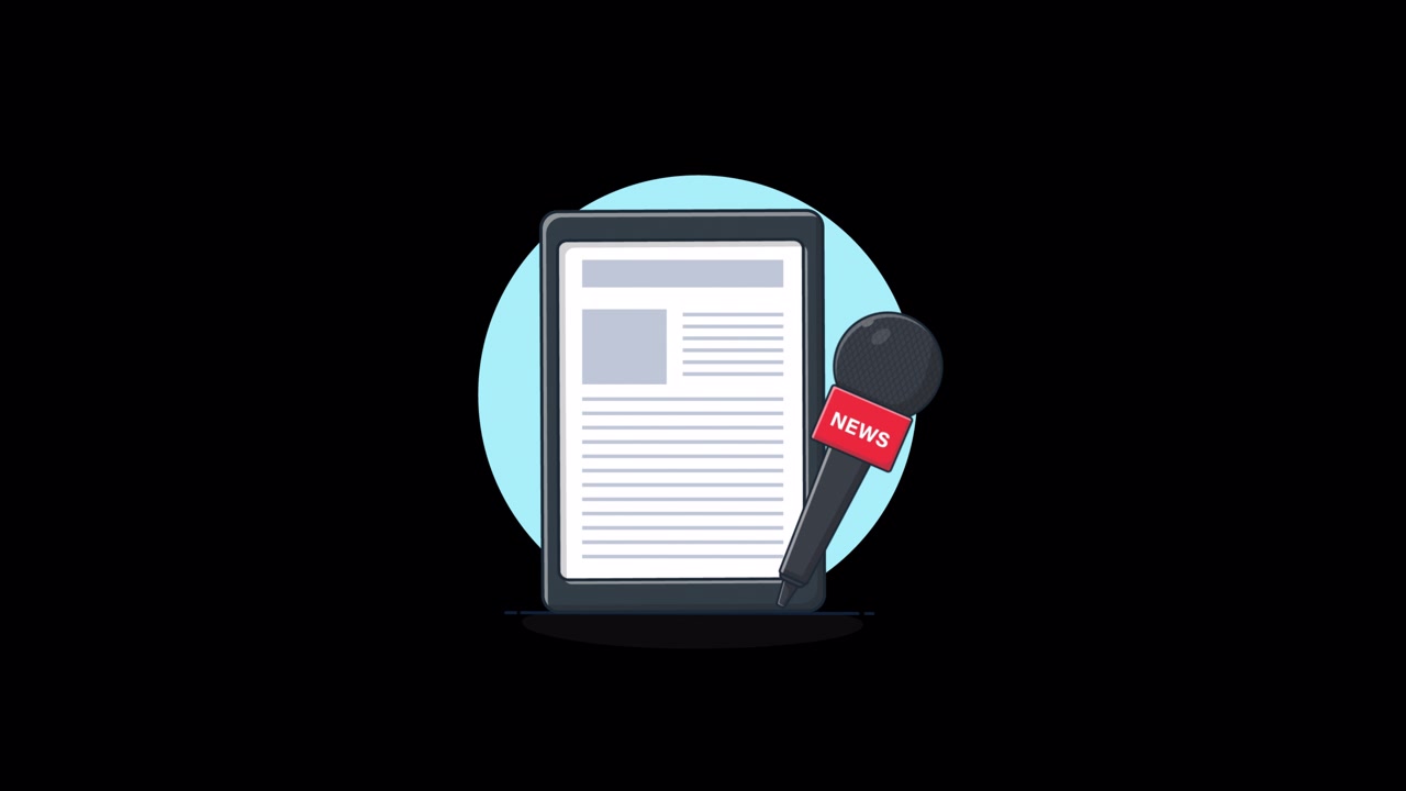 Animated Illustration of News Article on Tablet with Microphone