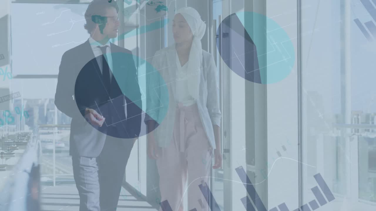 Animatie van financiële gegevens en grafieken over diverse zakenmensen die lopen en praten.