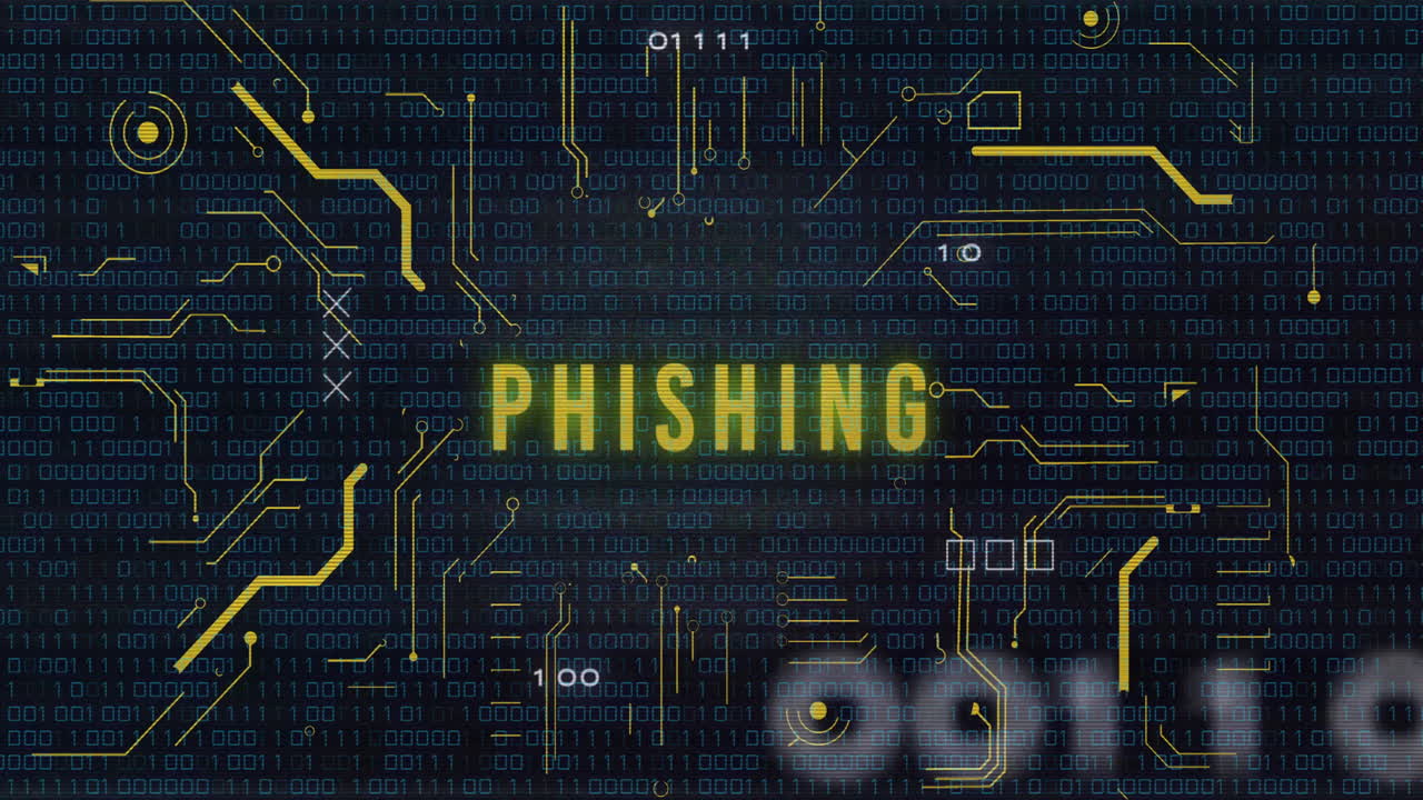 animación de texto de phishing sobre código binario y fondo de datos digitales