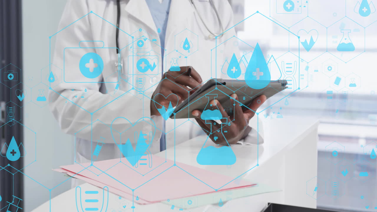 태블릿을 사용하는 아프리카계 미국인 남성 의사에 대한 의료 아이콘 네트워크의 애니메이션