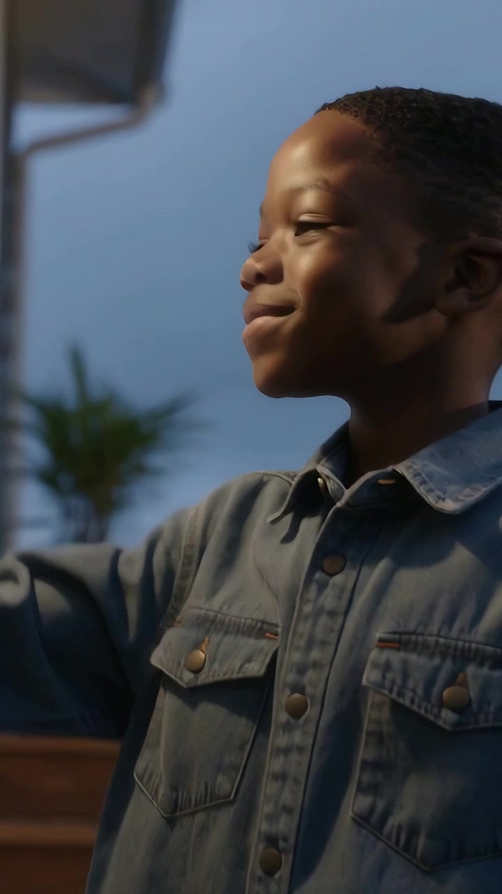 Vertical video: Walking boy in denim shirt entering right on porch, reaching to plant, copy space