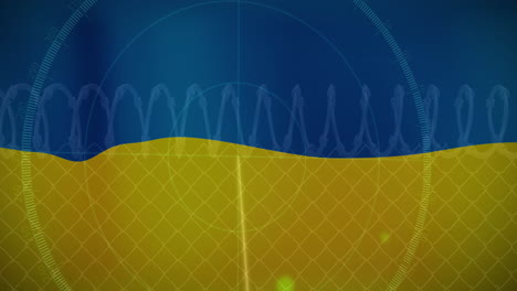 animation of radar and barbed wire over flag of ukraine