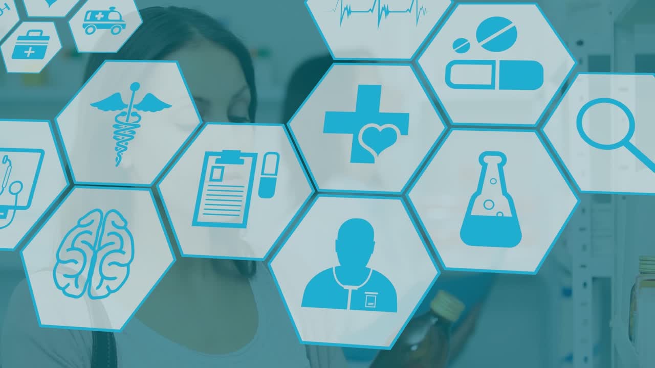 Animazione di icone mediche su una donna caucasica.