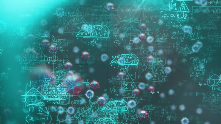 Vidéo composite numérique de cellules Covid-19 et d'équations mathématiques se déplaçant sur un fond bleu.