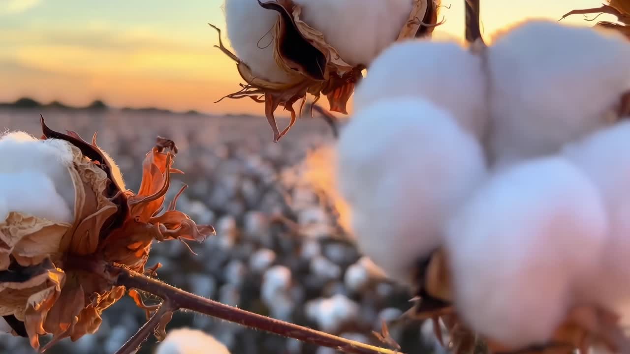 Nahaufnahme-Video von Baumwollpflanzen bei Sonnenuntergang, das eine ruhige, natürliche Landschaft aus einem tiefen Winkel einfängt.