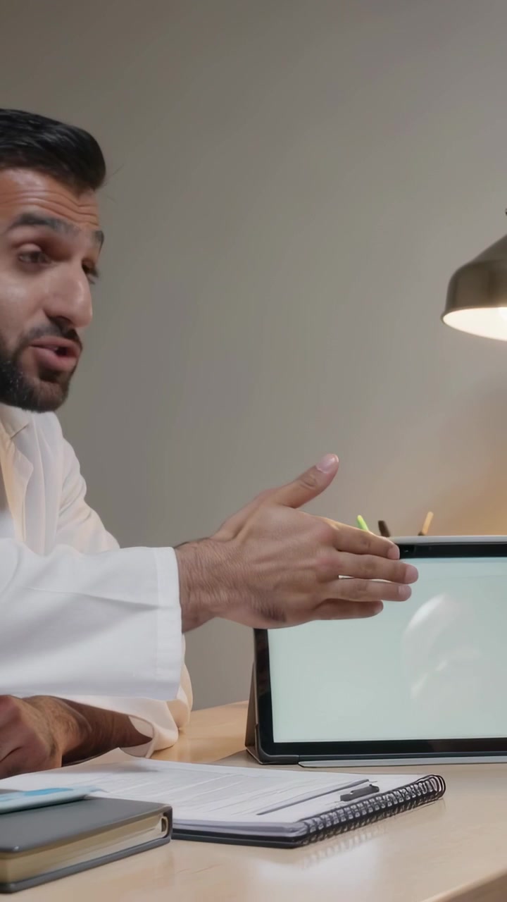 Vertical video: Talking man in white garment reaching across desk, taking card by tablet