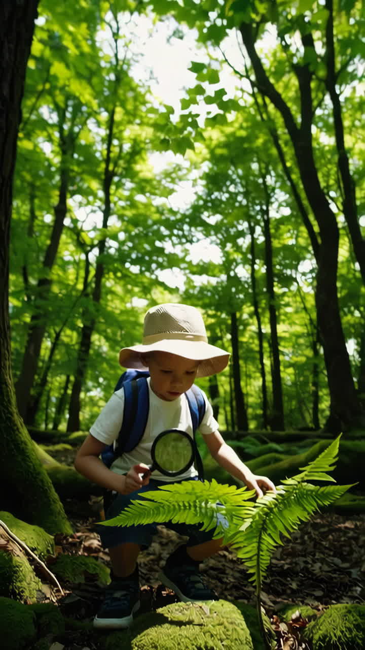 Young Boy Exploring Nature with a Magnifying Glass in a Forest