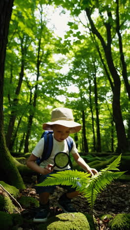 young boy exploring nature with a magnifying glass in a forest