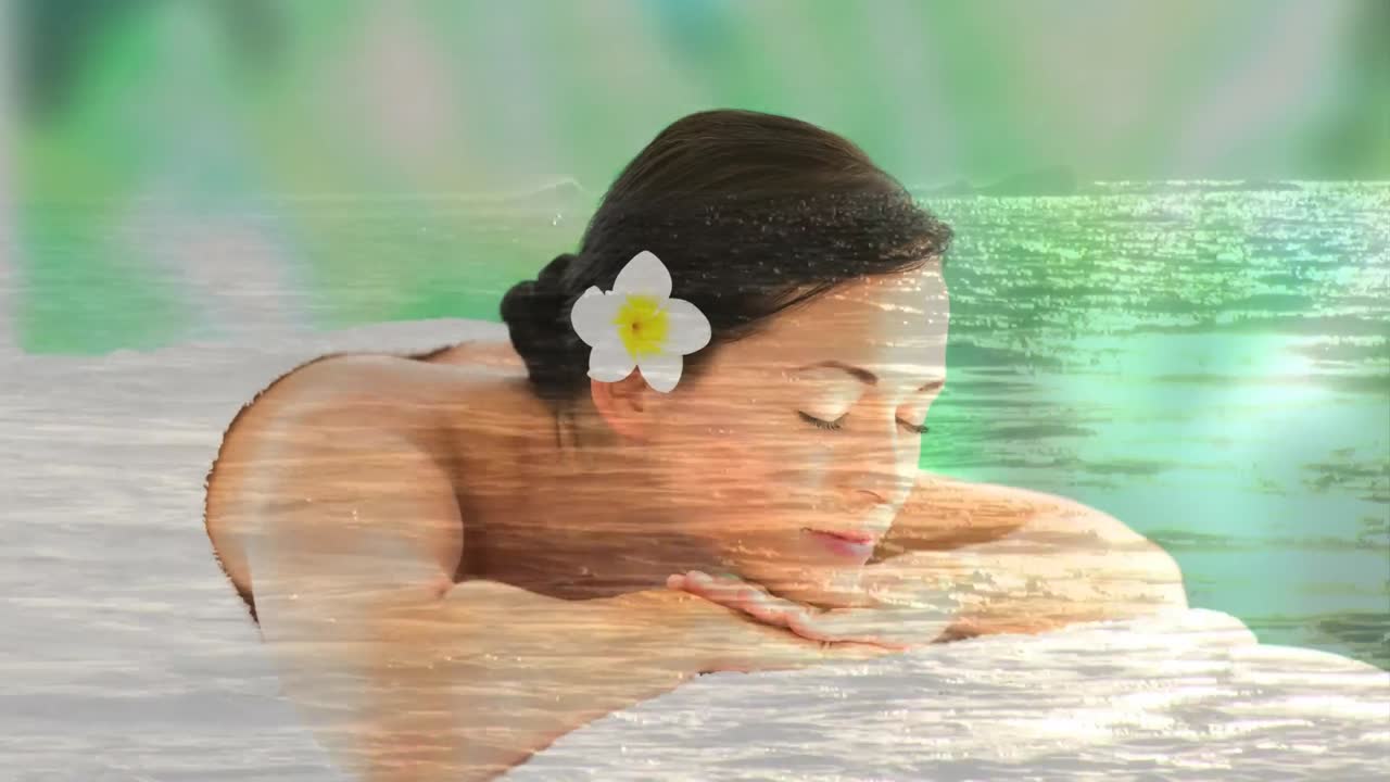 아름다운 여성들이 스파에서 휴식을 취하고 평화로운 바다 풍경