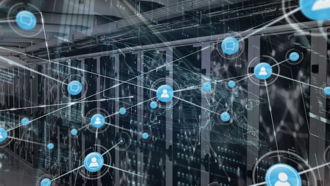 아이콘과 데이터 처리와 서버  ⁇ 을 통한 연결 네트워크의 애니메이션