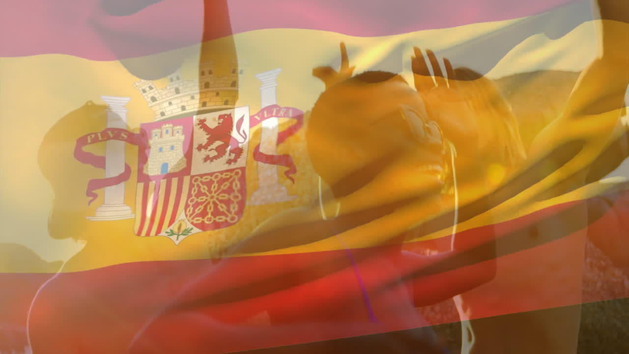 Dancing with Spanish flag animation overlay, people creating festive atmosphere