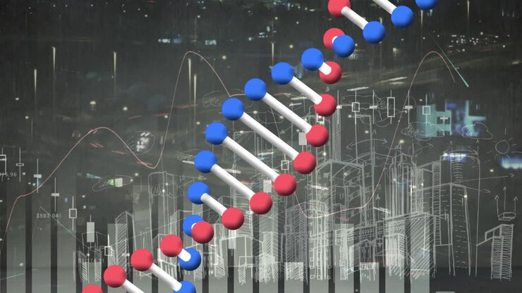 Animation of dna strand spinning, statistics and data processing over cityscape