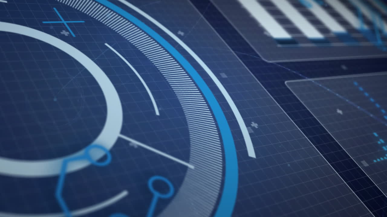 Animation of digital data processing over screens on dark background