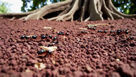 ants moving on red dirt under a tree