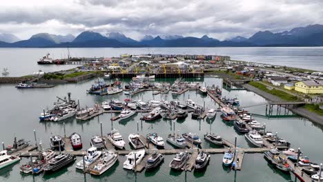 slow aerial pullout over boats in homer alaska