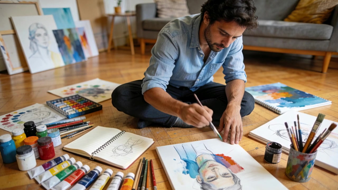 Painting man in blue shirt, leaning over paper in living room, mixing paints to refine portrait