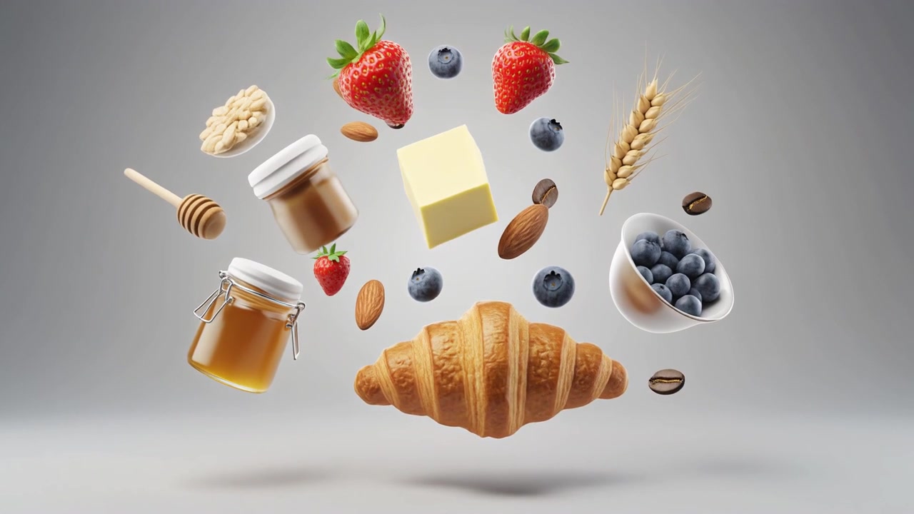 Svævende morgenmadsingredienser og croissant på grå baggrund