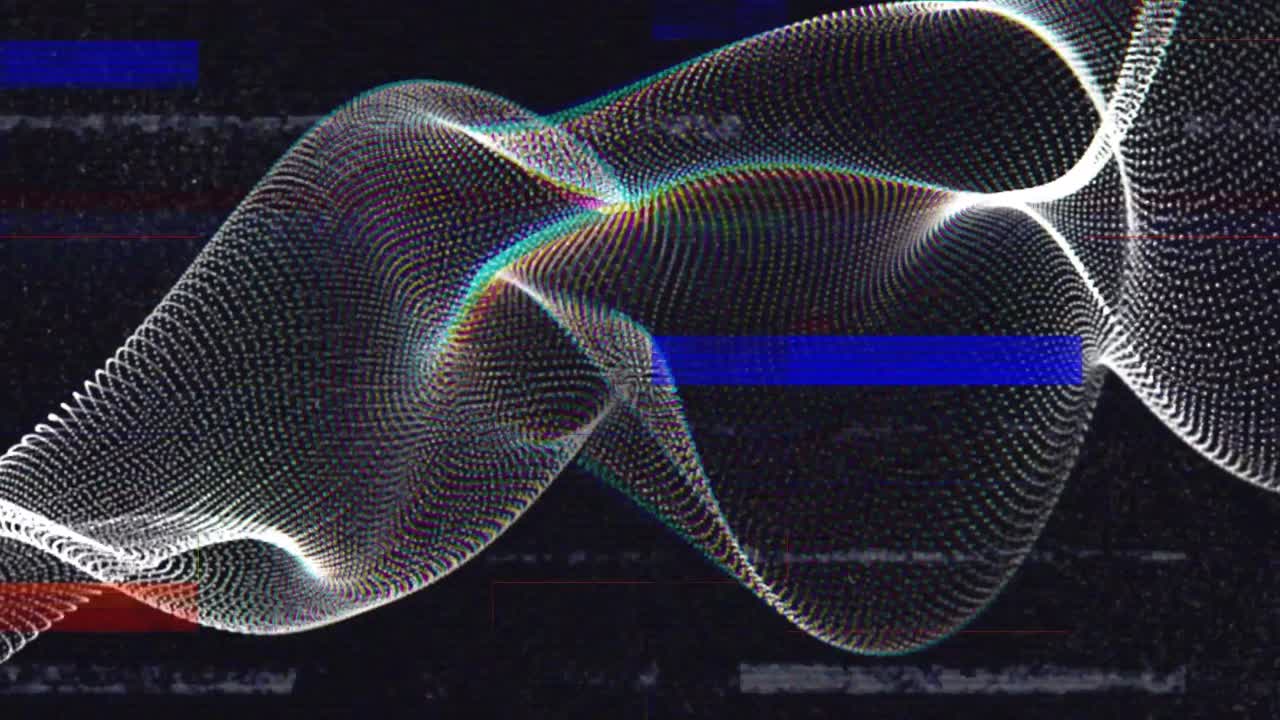 Animation of colourful interference over 3d white mesh structure on black background